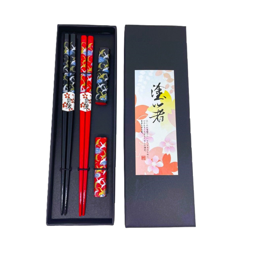 Kit 2 Pares Hashi com caixa e com apoio tsuru passaro japones Palitinho Reutilizável Japão madeira bambu