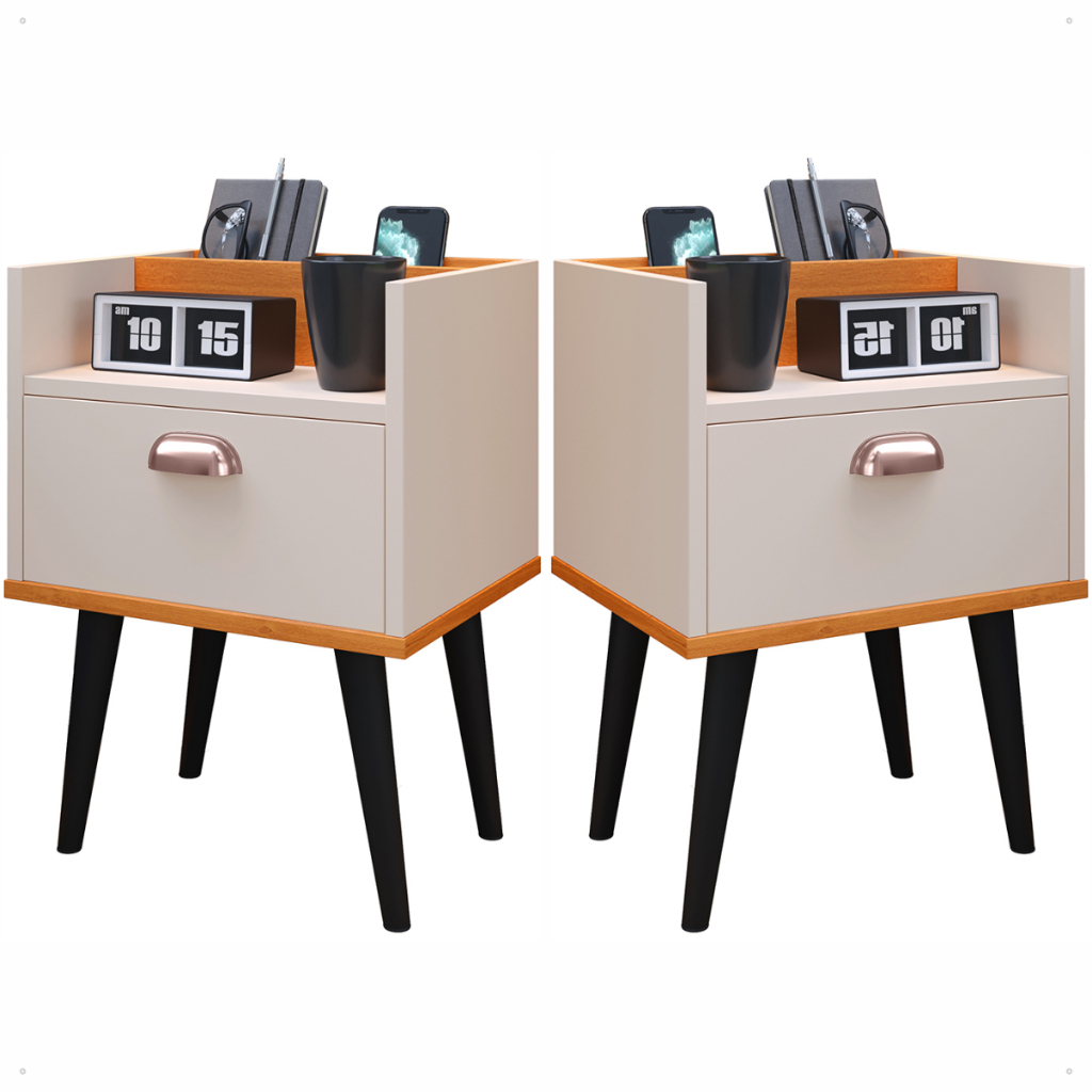 Kit 2 Mesas De Cabeceira Quarto Retrô Pés Milena Com Gaveta Varias Cores