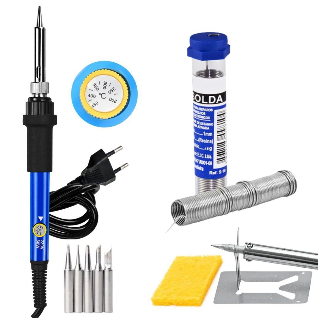 Kit Ferro De Solda 60w C/5 Pontas Ajuste Temperatura Estanho
