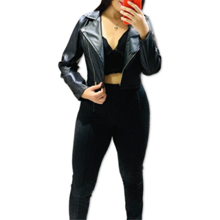 Conjunto Jaqueta de Couro courino Ecologico e Calça Moda Outono Inverno
