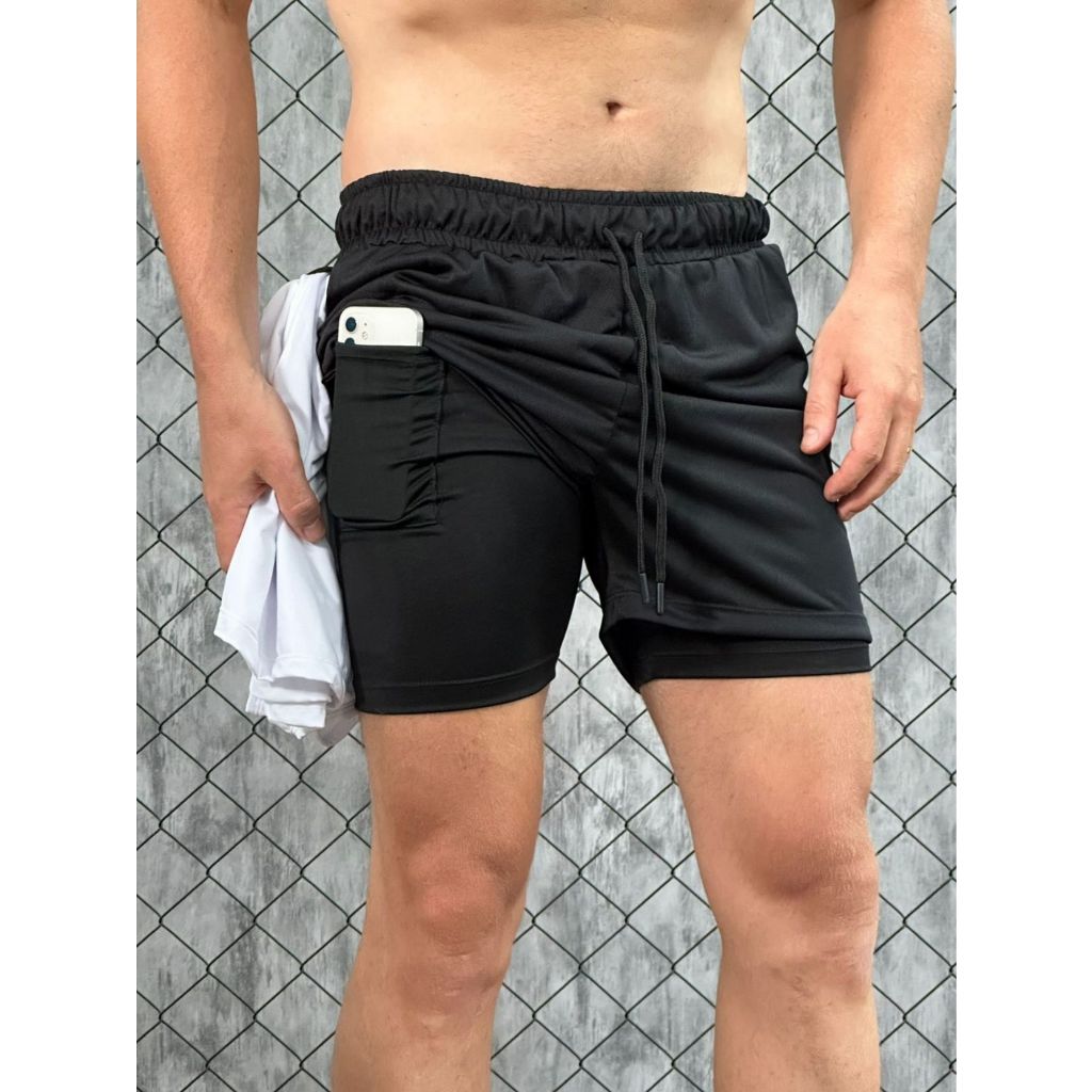 Shorts Masculino 2 em 1 Corrida Forrado Proteção uv +50