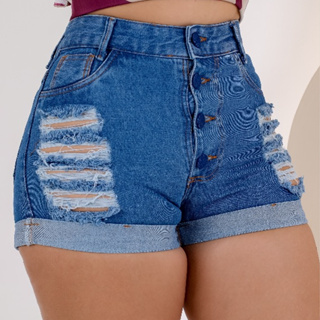 Short Jeans Feminino Rasgado Barra Dobrada Levanta Bumbum 4 Botões Coberto 1 Bolso Rasgado Da Moda Bermuda Sex