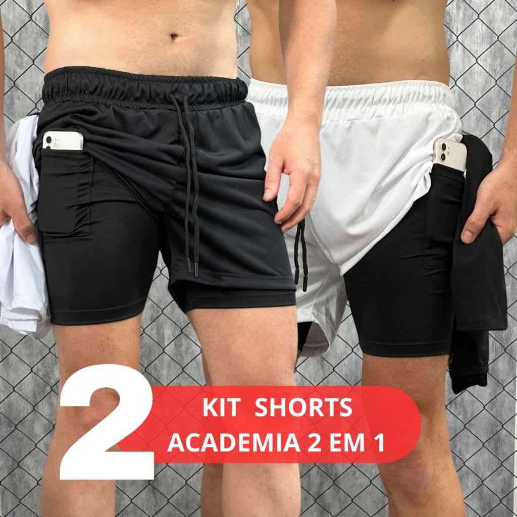 Kit 2 Shorts Bermuda 2 em 1 Masculino Treino Academia Corrida