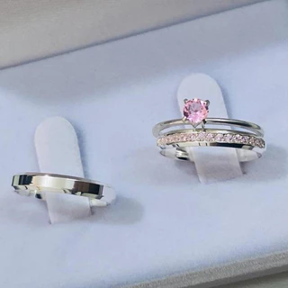 Aliança De Namoro Prata Com 15 Pedras De Zircônia Rosa + Anel Solitário