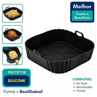 Forma Silicone Air Fryer Quadrada Reutilizável 20cm Protetor Microondas Assadeira Antiaderente Preta