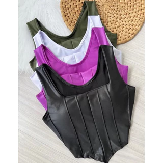 Blusa Cropped Feminino Regata Retro Couro Fake Preto Top Corset Crooped Corselet Alcinha Com Bojo