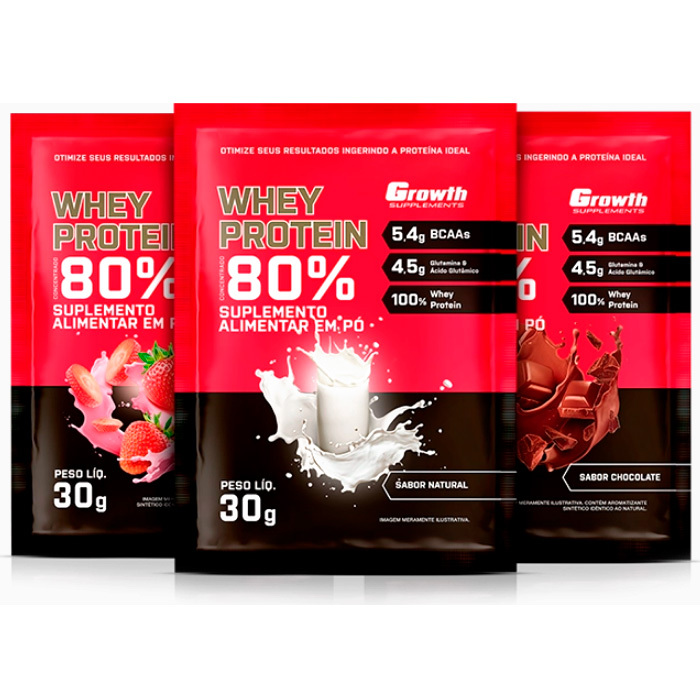 Kit 3un Whey Protein 100% - (Sachê 30g Cada) - (Total 90g) - Growth Supplements