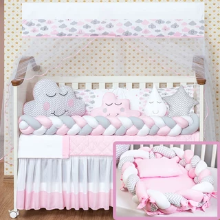 Kit Berço + Ninho Trançado Modelos 16 Peças Padrão Americano Nuvem Rosa Menino e Menina