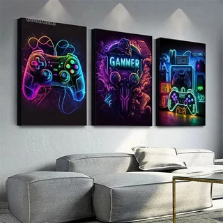 Kit quadros decorativos 3 peças tema hora do jogo video game controles para parede quarto sala