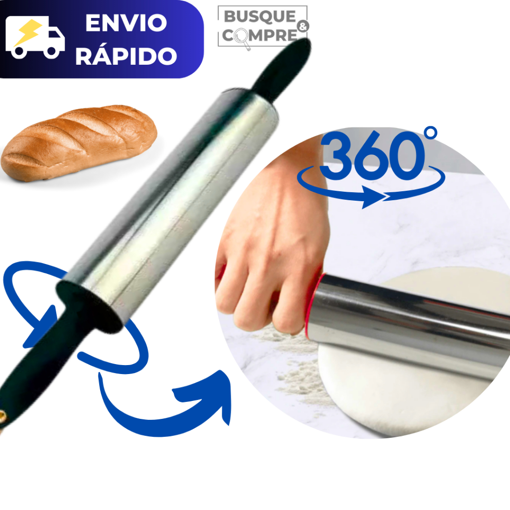 Rolo para Massas Giratório de Inox para Pão Pães Coxinha Sal