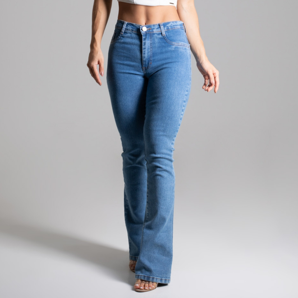 Calça Flare Feminina Jeans Com Licra Cintura Alta Com Efeito Levanta Bumbum  Azul Marinho Stone (36, Azul Marinho Stone)