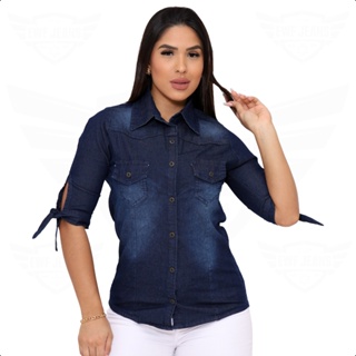 Camisa jeans feminina azul 2024 escuro