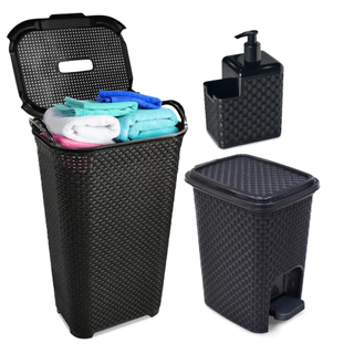 Kit Rattan Cesto De Roupas 50l Lixeira Pedal 7l Saboneteira Preto para Banheiro Cozinha Lavanderia