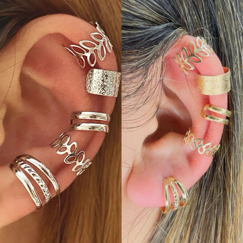 Kit 5 Brincos Pressão Piercing Retro Fake Falso de Orelha Dourado e Prata KK06