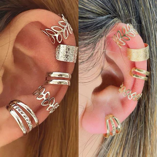 Kit 5 Brincos Pressão Piercing Retro Fake Falso de Orelha Dourado e Prata KK06