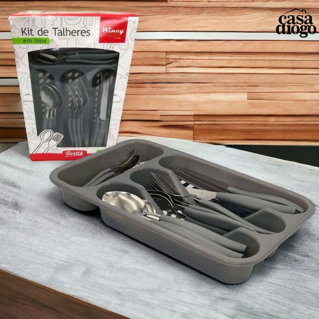 Kit de Talheres em Inox 25 Peças Cinza + Organizadora Faqueiro | Shopee ...