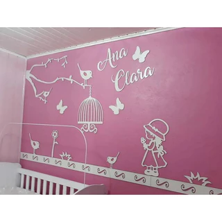 Kit Painel de Parede Completo 20 peças Camponesa e Passarinhos, Menina, Girl Decoração Quarto do Bebê Personalizado com nome
