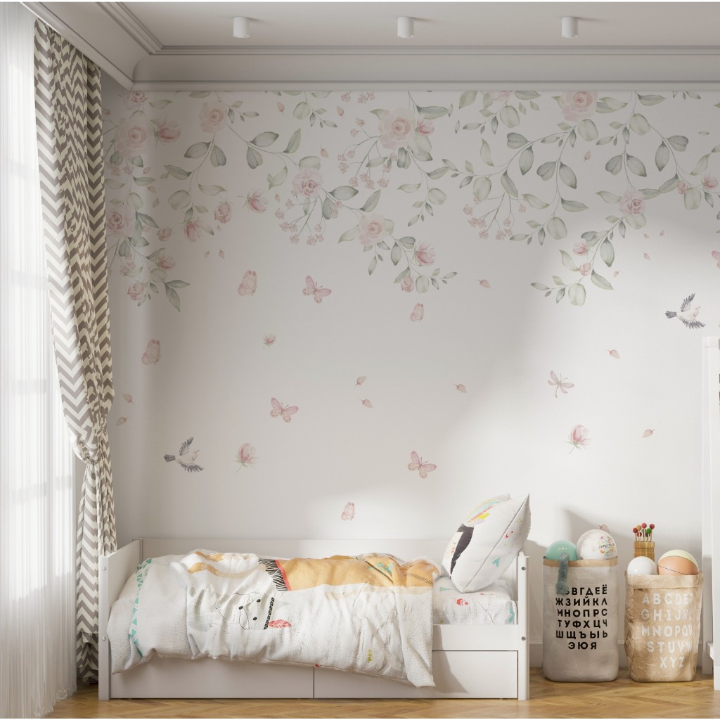 Papel de parede adesivo jardim de pássaros borboletas 1m²