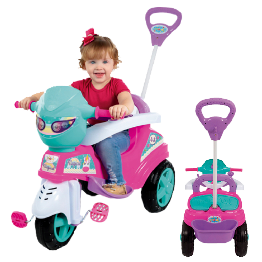Moto De Menina Para Passeio Infantil Rosa Com Pedal e Haste de Guia ...