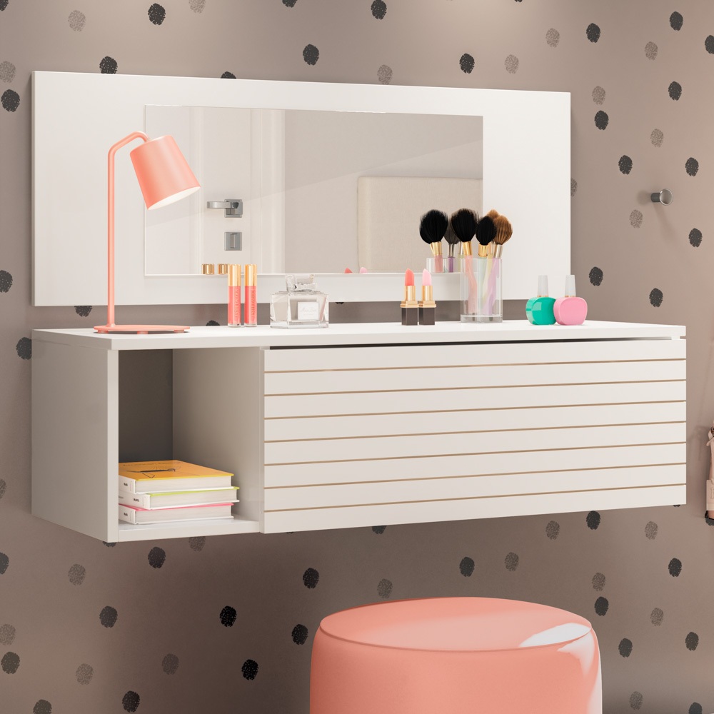 Penteadeira Mesa de Maquiagem Joy 90cm Suspensa 01 Gaveta com Espelho