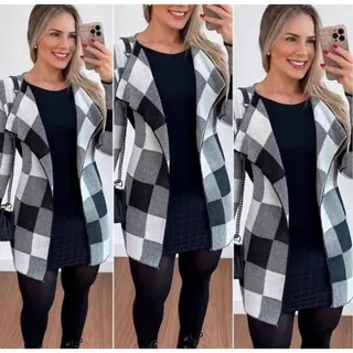 Kimono Xadrez Tricot Sobretudo Inverno Frio Roupas Feminina