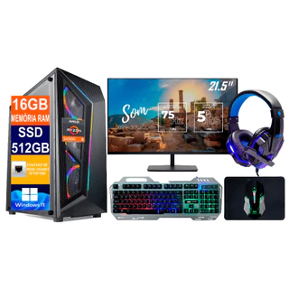 Pc Gamer Computador Cpu Ryzen 5 5600G / SSD 512GB M2 NVME / 16gb Memória Ram DDR4 / Monitor 21.5p 75HZ + Teclado e Mouse / Fonte 500W / Windows 11 Pro