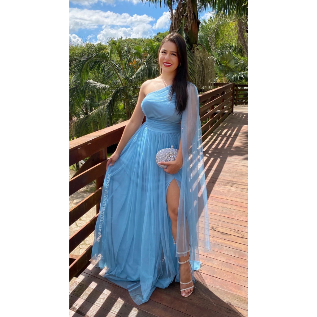 Vestido Longa Azul Royal Alça Unica Manga Solta P ao Plus Size Casamento  Formatura Convidado Rafa