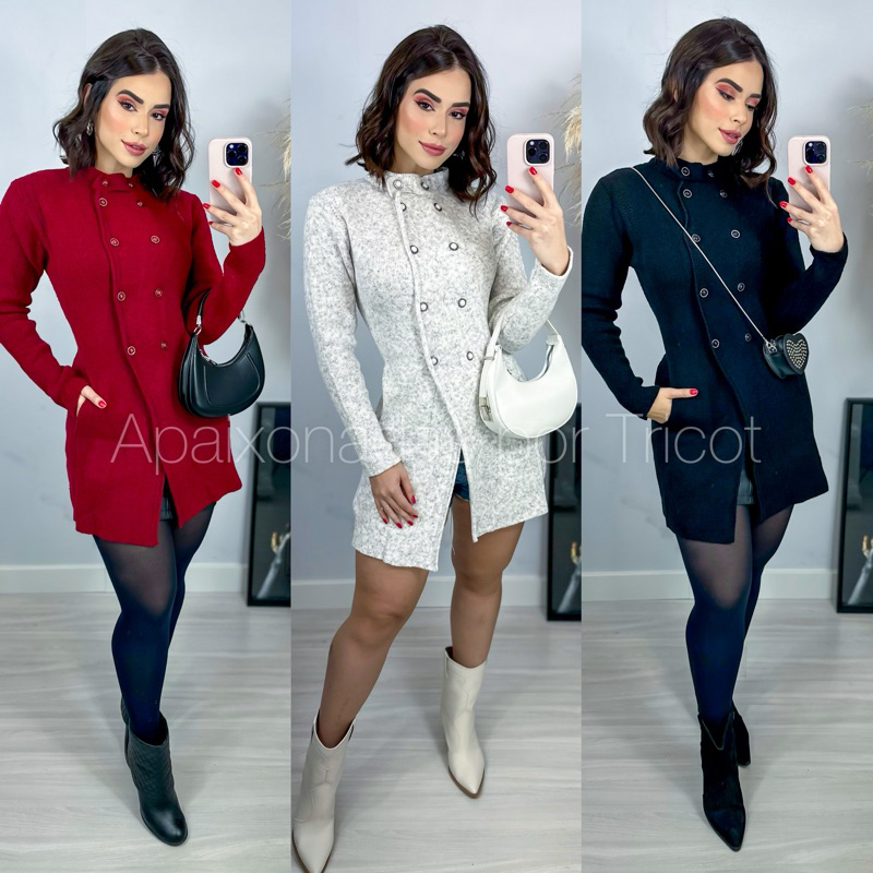 Sobretudo Tricot Mousse com Botão Inverno Casaco de frio Tricô