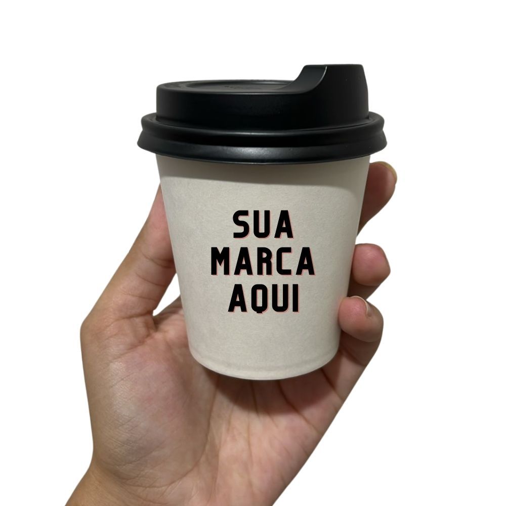 Copo 180 ml em Papel Personalizado com Tampa Reciclável com bico preta - Pacote com 50 unidades