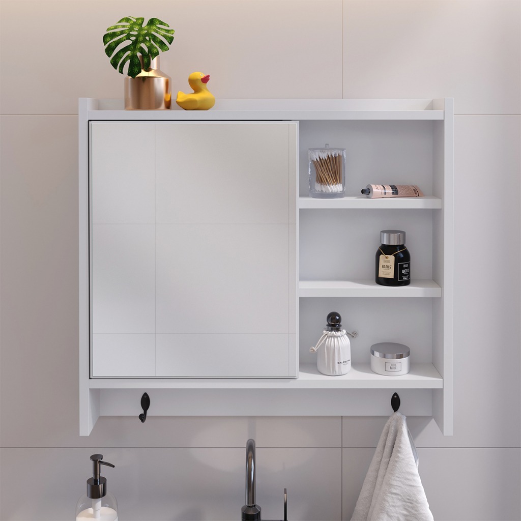 Armário de Banheiro Suspenso 1 Porta Com Espelho, Balcão, e Prateleira Organizadora Genova