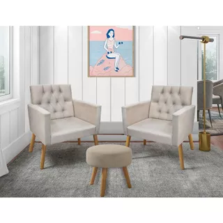 Kit 02 Poltronas Decorativa Lux Capitone Com Puff Suede