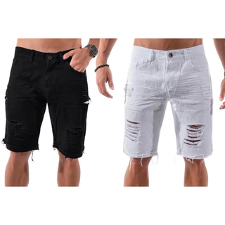 Kit 2 Bermudas Shorts Jeans Masculina Destroyd Slim Rasgada - Black / White
