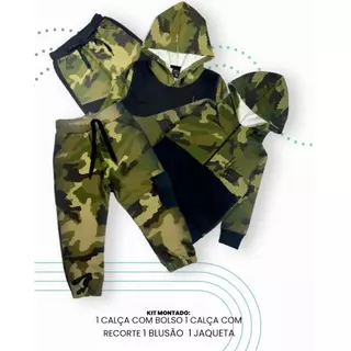 Kit 4 Peças Camufladas de Moletom Infantil Penteado e Felpado Quentinho Conjunto Menino Inverno 1/2/3/4/6/8/10
