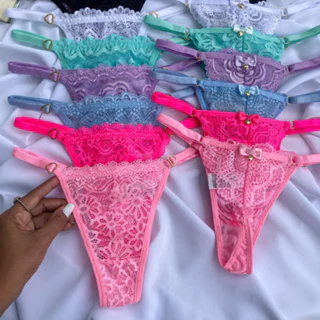 Kit 10 Calcinhas Sexy Em Renda Tanga Fio Dental com Regulagem Coração