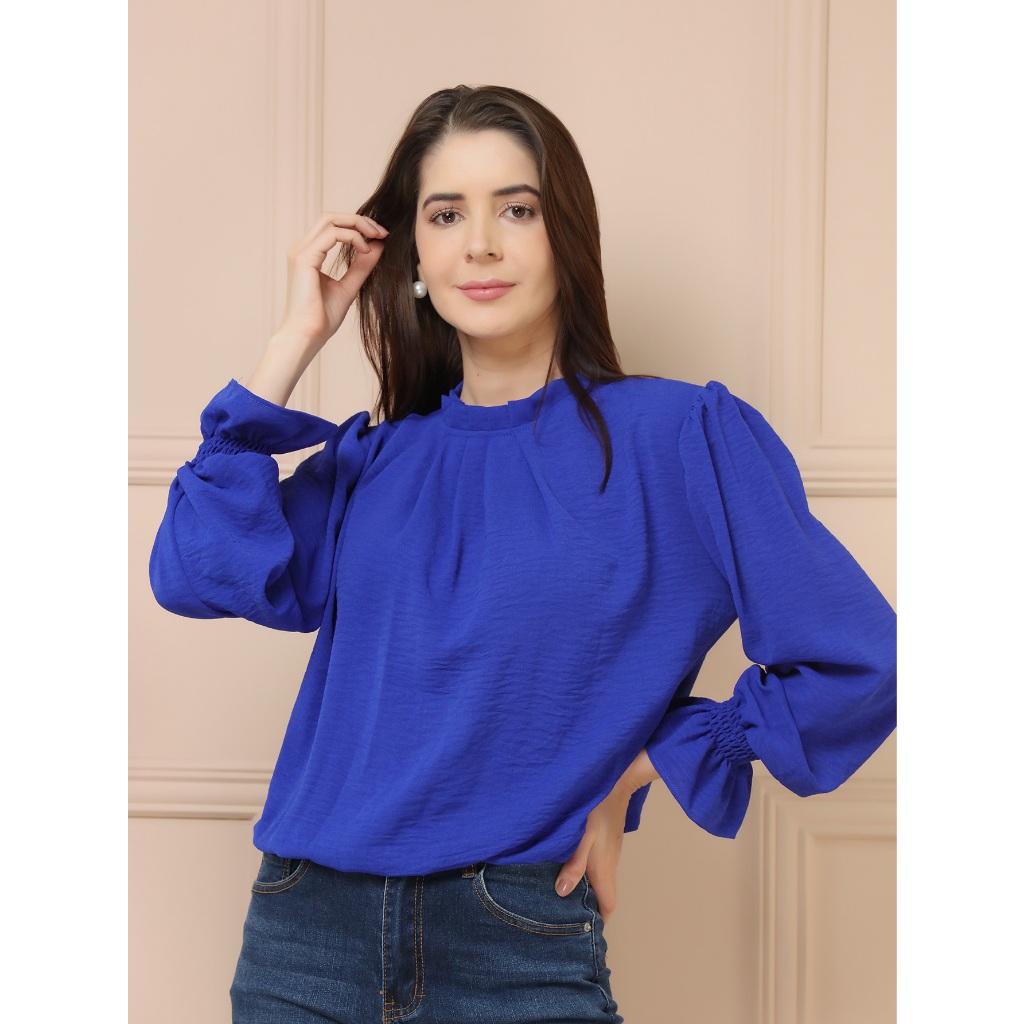 BLUSA FEMININA LISA MANGA LONGA CREPE DUNA GOLA ALTA E LAÇO ATRÁS ...