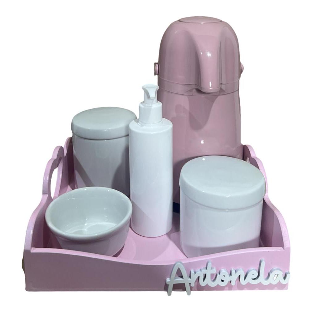 Kit Higiene Bebe Porcelana Bandeja Pinus Coração Rosa Garrafa Pump Nome Personalizado