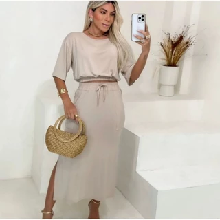 Conjunto de saia Midi longa com bolso e cropped