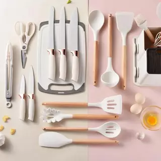 Kit Completo 19 Peças Utensílios Luxo De Silicone Jogo Cozinha Com Tábua Faca Tesoura Espátula