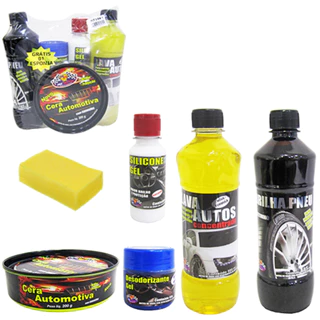 KIT LAVA AUTO COM CERA 5 EM 1 COM LAVA AUTOS / PRETINHO / SILICONE / DESODORIZANTE + ESPONJA