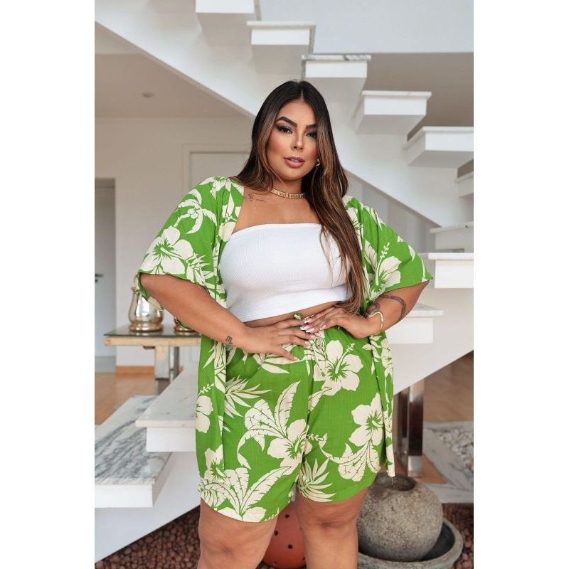 Conjunto Plus Size Kimono e Shorts Floral