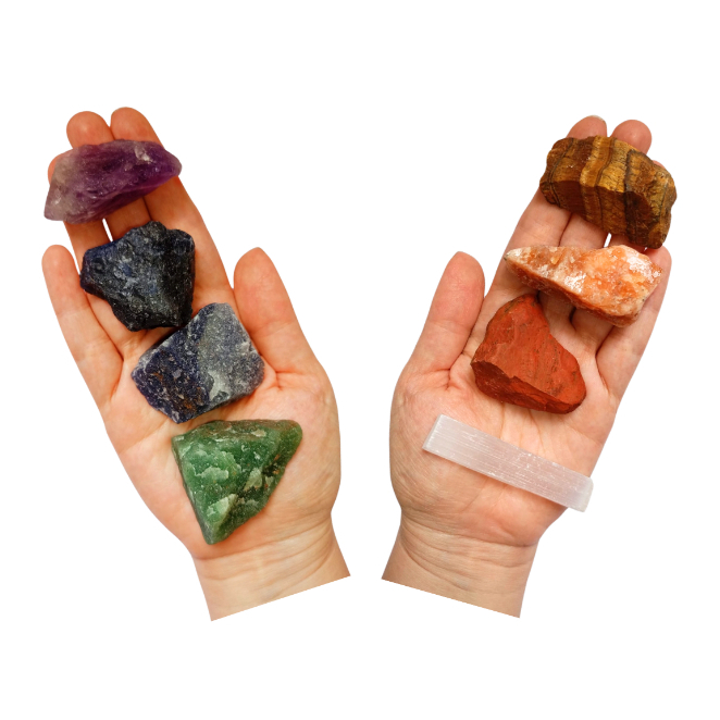 Kit 7 Chakras Pedra Bruta + Saco Algodão + Selenita Branca 8