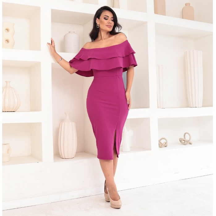 Vestido Midi Ombro A Ombro Modelo Sereia Com Fenda Abertura Para