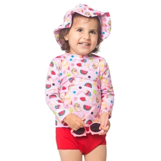 Kit Blusa com Proteção Solar UV50 + Tapa Fralda + Chapéu Bebê e Infantil Moda Praia Meninas - Biquíni Infantil Feminino Diju Kids