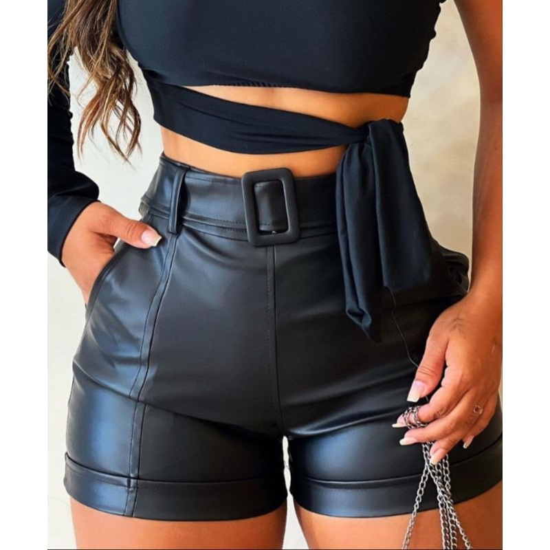 Short Feminino Cirre Couro Fake Com Cinto e Bolso Short Roupa Feminina ...