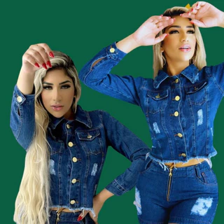 Jaqueta Jeans Feminina Escura Destroyed Estilo Despojado