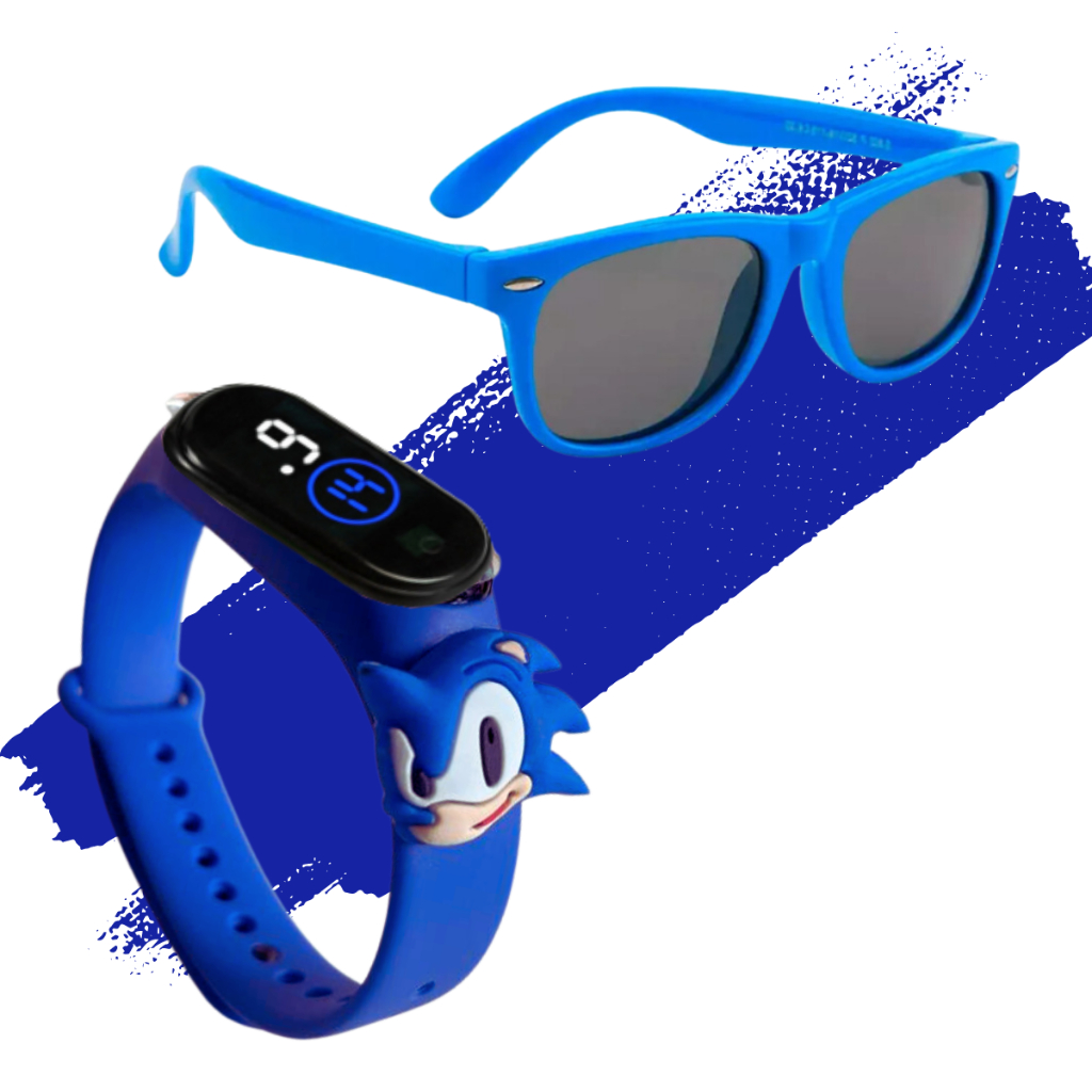 Kit Infantil Relógio Digital Led + Óculos de Sol Personagens Heróis Desenho Menino Menina Criança