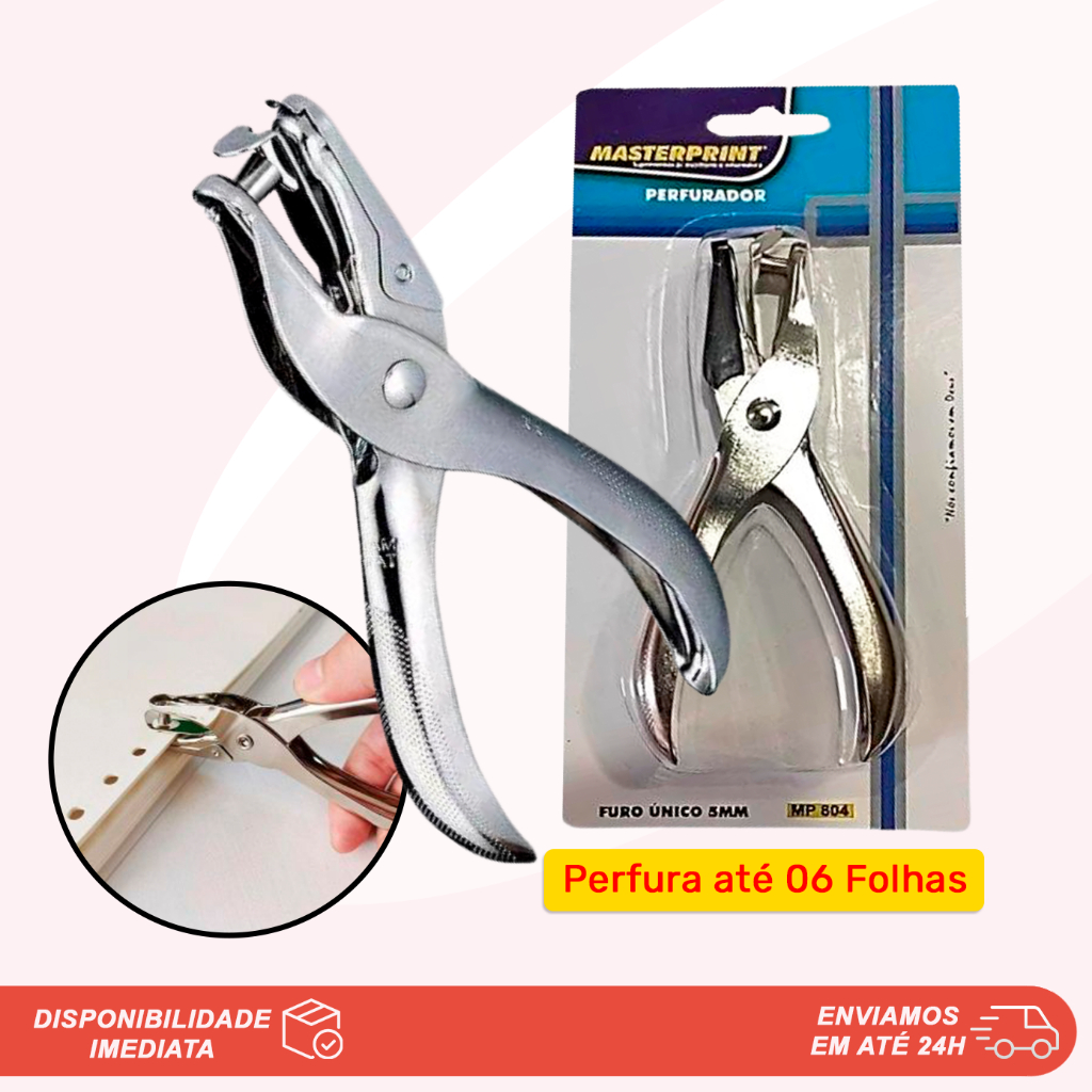 Furador Perfurador de Papel Alicate Metal Aço Resistente 1 Furo 6mm Masterprint