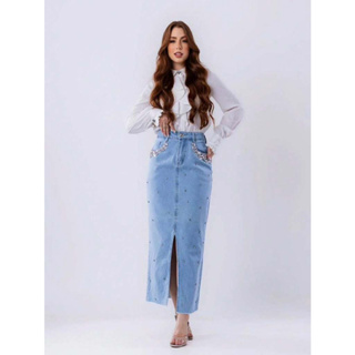 Saia Jeans Feminina Moda Evangélica Com Pedraria Lavagem Clara Envio Imediato