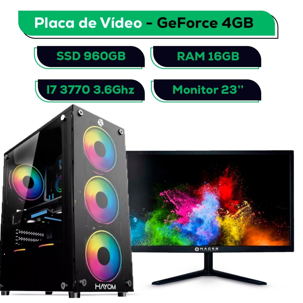 Computador PC Gamer Intel Core i7 3.6Ghz / Placa GeForce 4GB / 16GB RAM / SSD 960GB / Monitor 23"