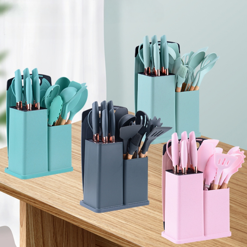 Kit Completo Jogo Utensílios de Cozinha Luxo 19 Peças Com Tábua em Silicone Espátula Faca Tesoura